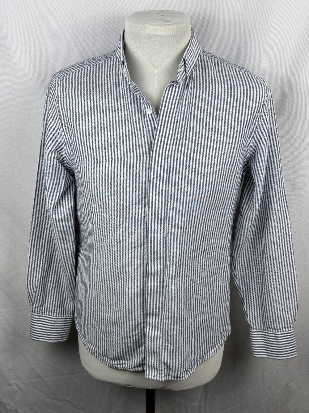 Proper Cloth Navy Stripe Cotton Linen Shirt Custom Sewn Collar Men's 16.5